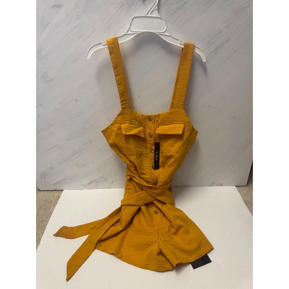 Lulus Mustard Linen Look Button Romper with Pockets Size M NWT